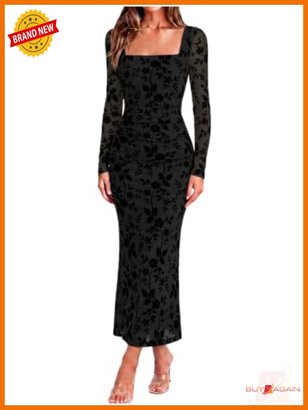 Floral Print Mesh Midi Dress Square Neck Long Sleeve Bodycon Ruched